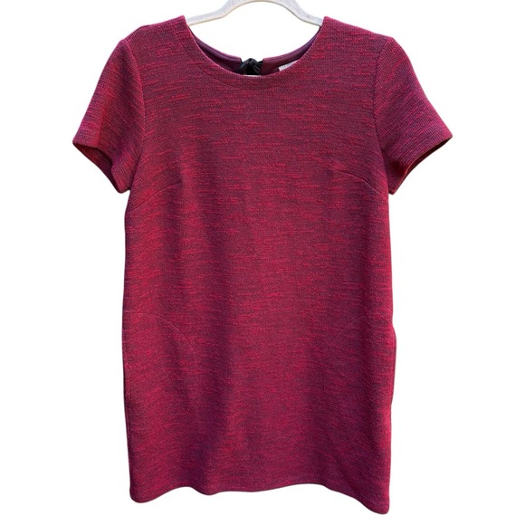 LOFT Shift Dress Size 6 Burgundy Marled Knit Short Sleeve Tweed‎ Ribbon Back - Picture 2 of 7